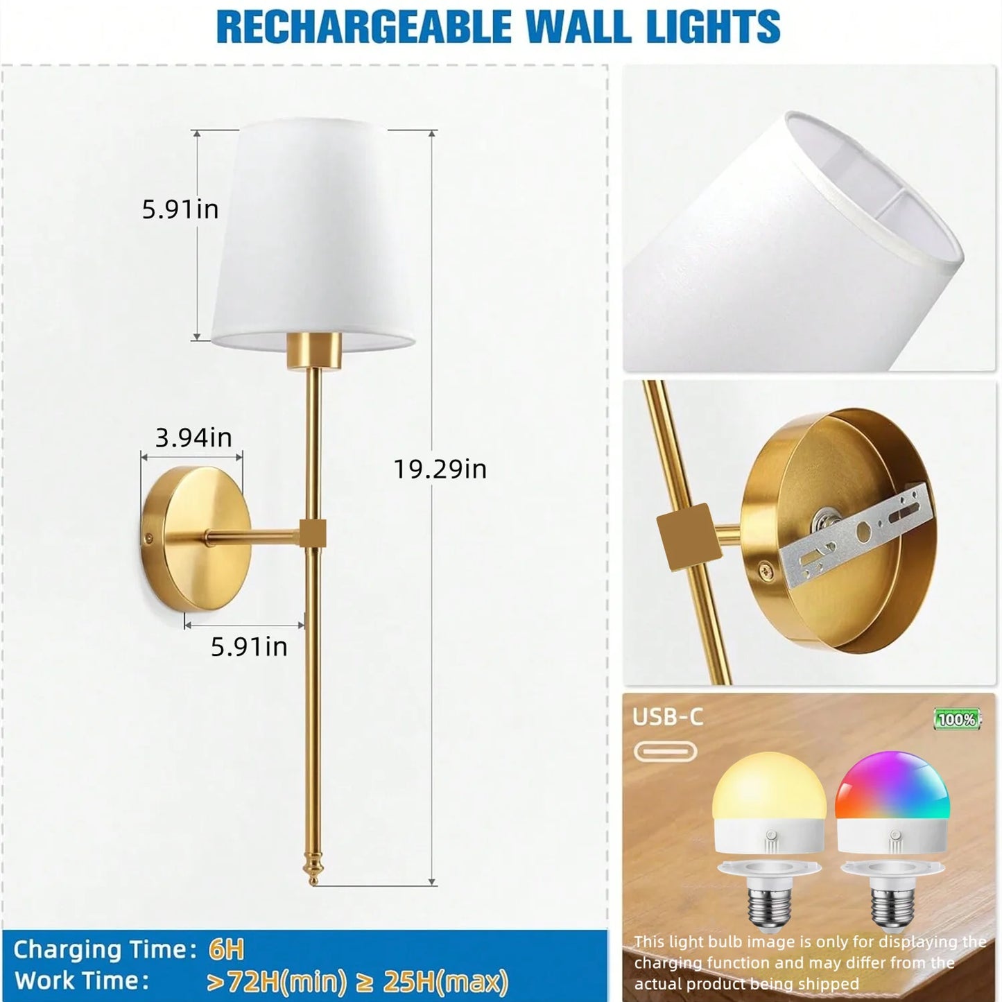 Wireless battery powered wall lamp rechargeable